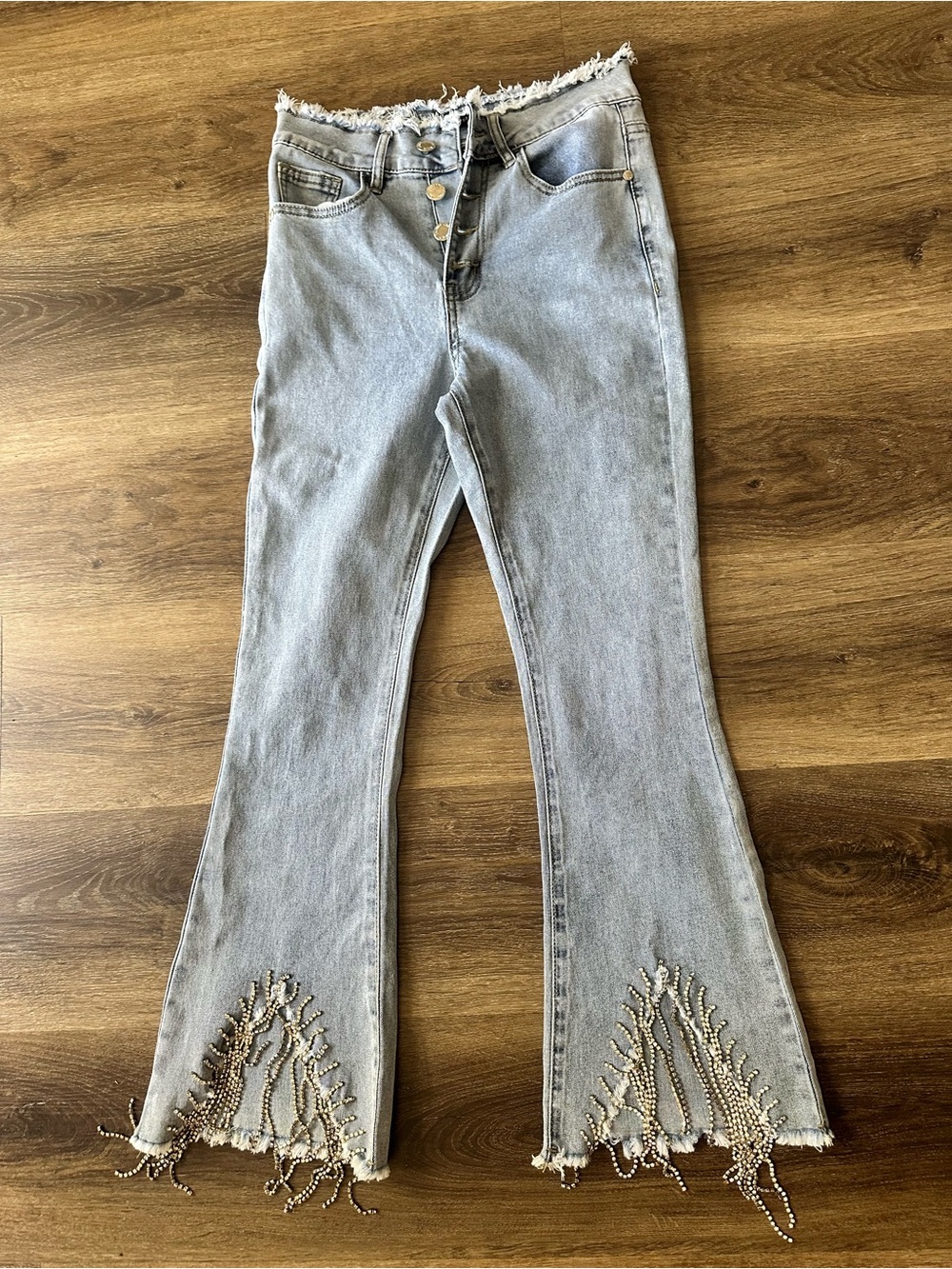 Fringed Hem Light Gray Embellished Flare Jeans NASHVILLE